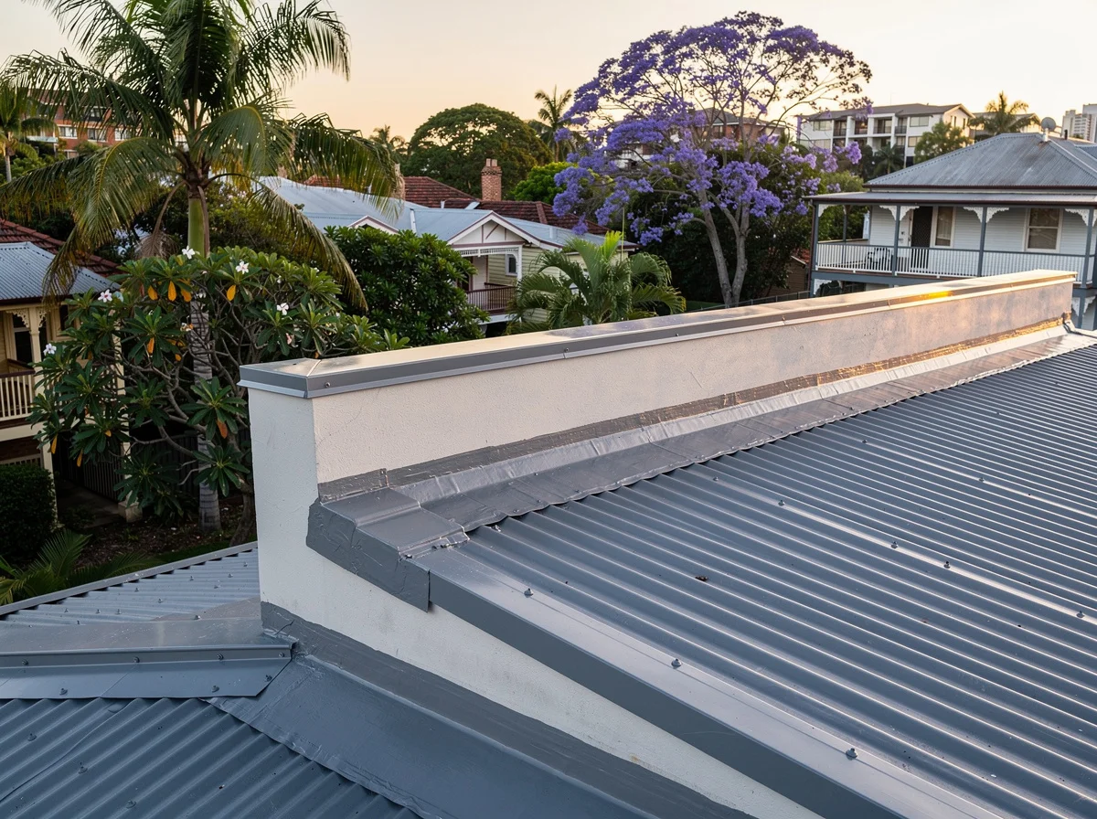 A finished AS 4654 parapet flashing detail on an older Hamilton Queenslander, the upstand reworked and capped