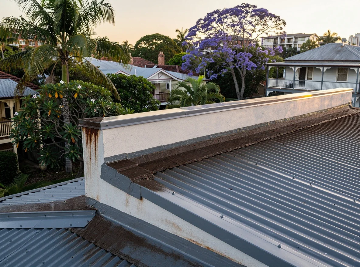 The same Hamilton Queenslander roof before, with a cracked galvanised flashing, lifted seal and rust-streaked staining down the parapet