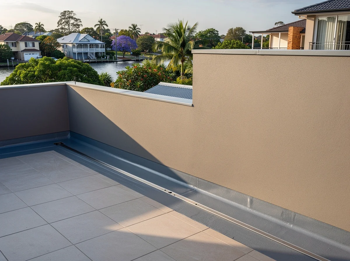 A finished AS 4654 strata balcony in Murarrie, the fall to drain corrected and the cove detailed under the door threshold