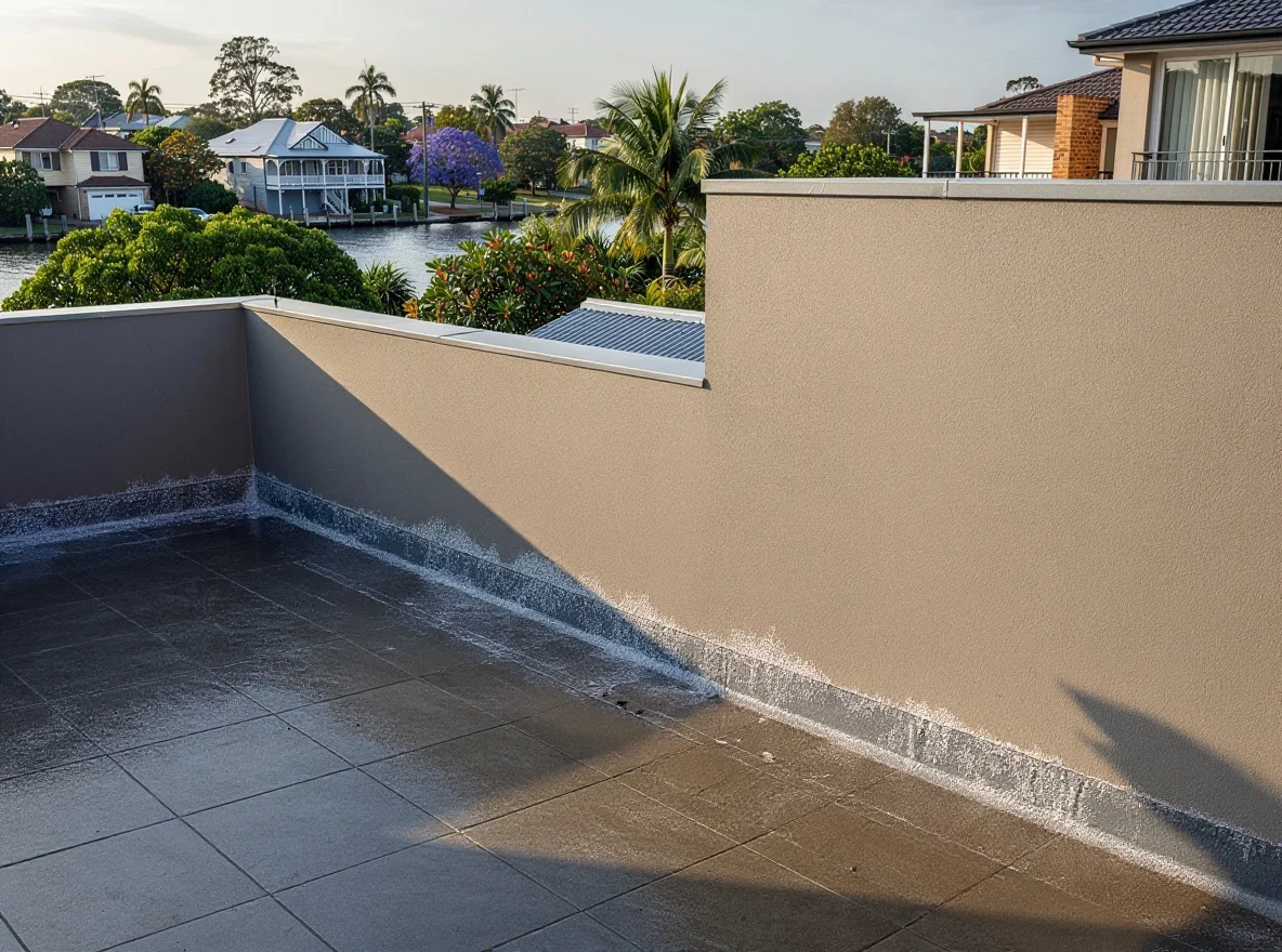 The same Murarrie strata balcony before remediation, with tiles bubbling along the cove and efflorescence staining the wall below