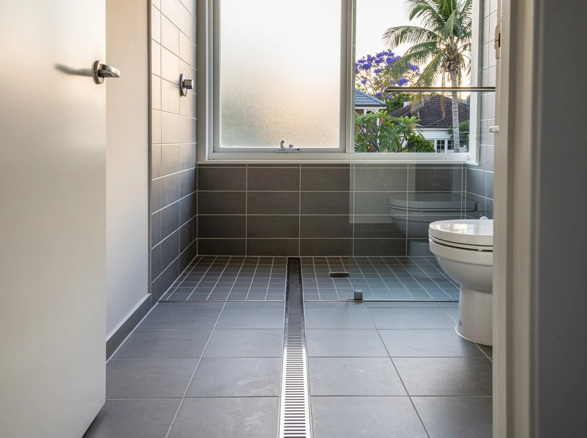 A finished AS 3740 internal wet area in a Newstead high-rise apartment, the floor sloping cleanly to a tiled-in linear drain