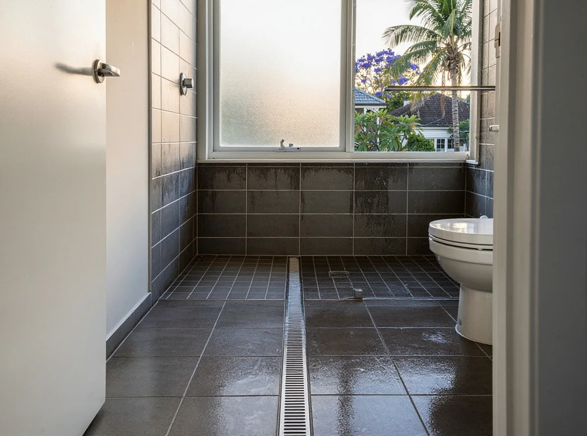 The same Newstead bathroom before, the original wet area tired with cove staining, lifted silicone and a back-fall away from the drain