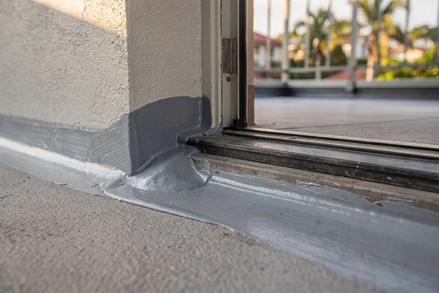 A freshly applied cove bond breaker on a Brisbane balcony, the liquid membrane carrying up the upturn under the door threshold