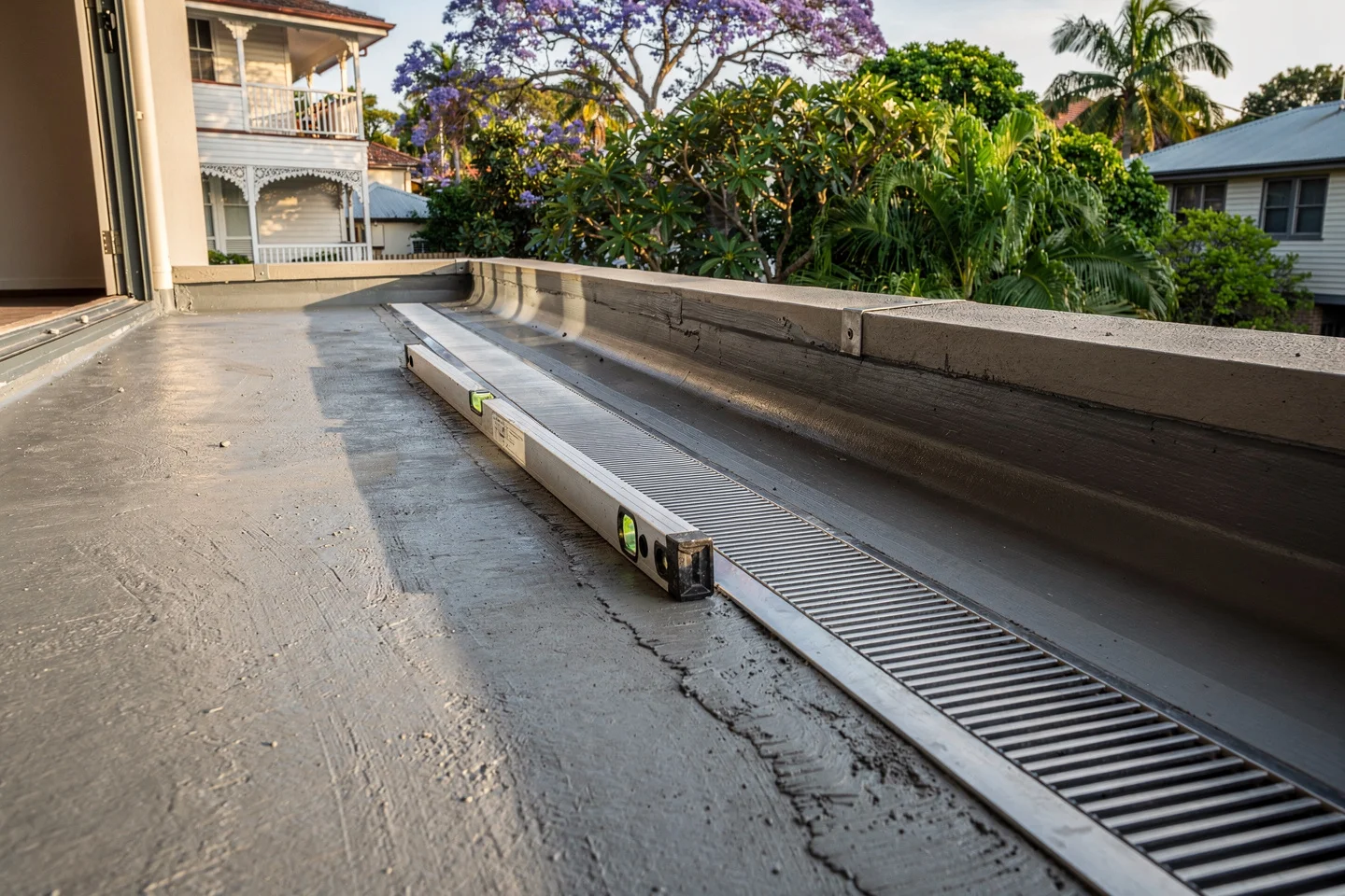 A Brisbane balcony screed checked for fall to drain with a long spirit level running from the door threshold to a tiled-in drain