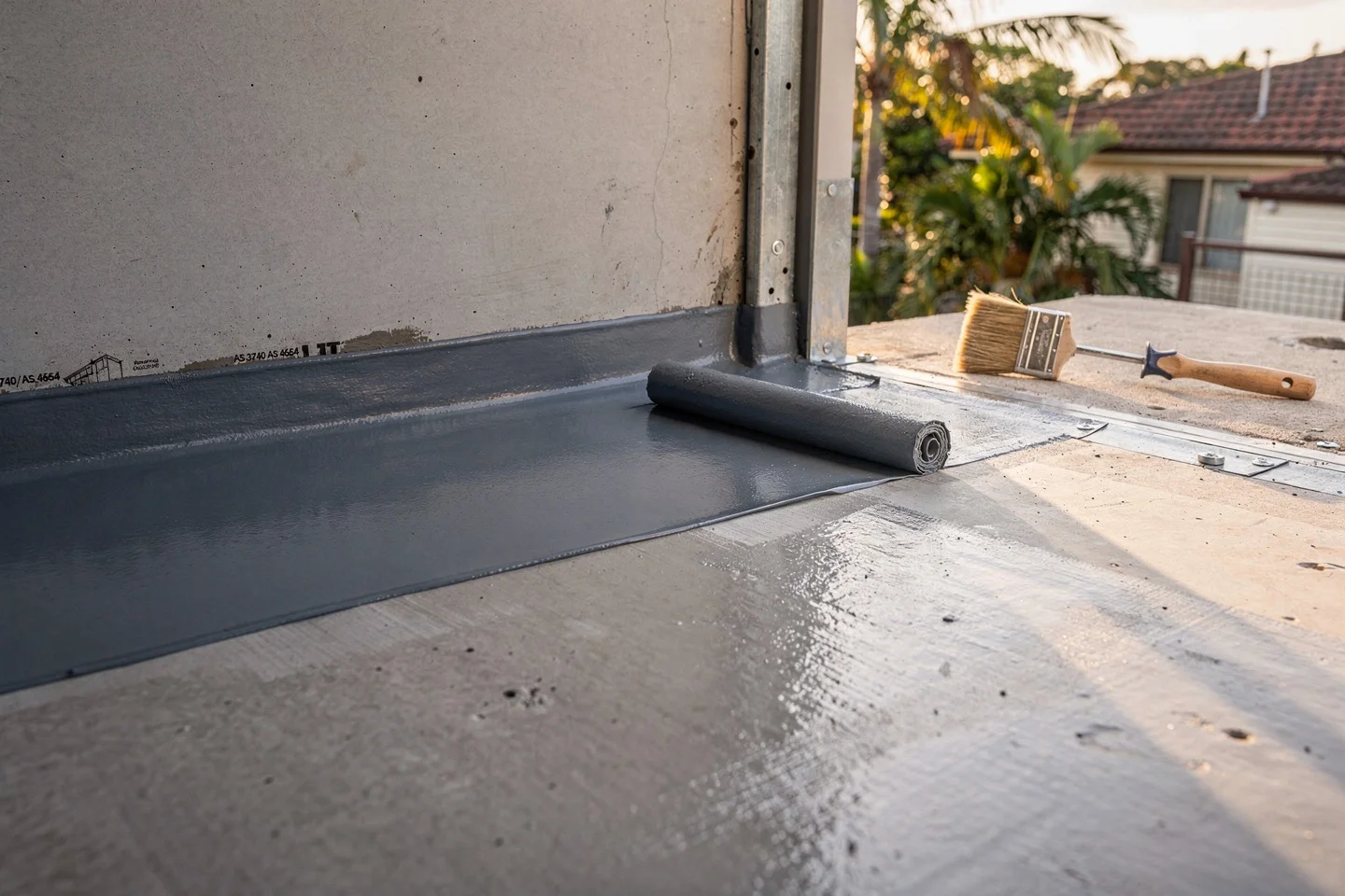 Second coat of liquid waterproofing membrane being rolled over the cured first coat in a Brisbane wet area, the cove visible at the wall-to-floor junction